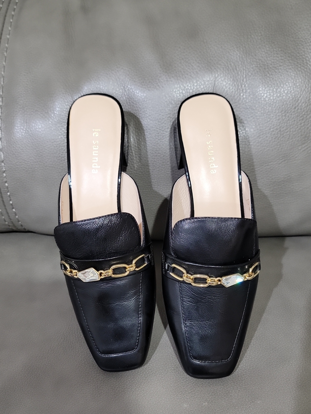 Black Leather Chain-Accent Mule Heels